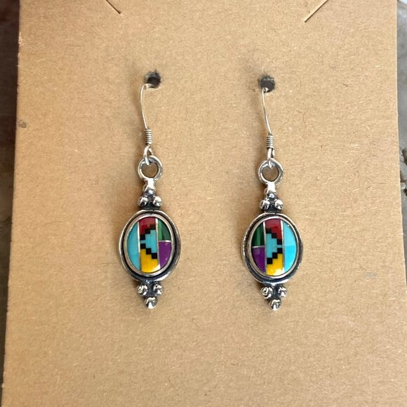 Sterling Silver 925 Southwest Style Turquoise Coral Malachite Dangle Earrings - Picture 1 of 16